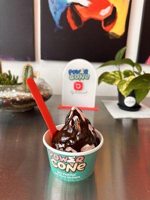 Strawberry with hot fudge