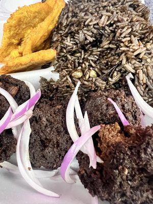 My favorite! Haitian meatball-Black rice-fried plantains