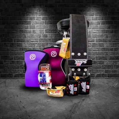 Powerlifting Belt, Rehban Knee Sleeves, Rock Tape, Wrist Wraps, Wrist Straps, Knee Wraps