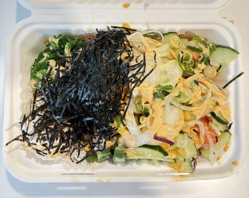 Large Poke Rice Bowl - Three scoops of salmon, toppings, spicy mayo, and ponzu sauce. Delicious!