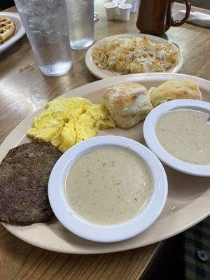 Breakfast Special. Sausage patties, biscuits with extra gravy.
