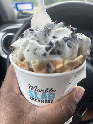 Oreo and chocolate chip waffle ice cream