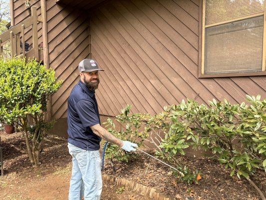 Uses protective wear, and safety wear when treating my house
