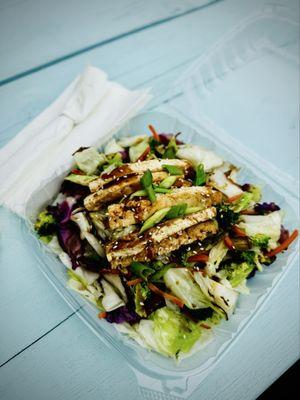 Vegetable Bowl with Tofu. There's brown rice underneath somewhere