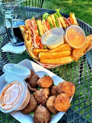 Club sandwich w/fries & an order of fried mushrooms on the patio at Molalla River Brewing Company.