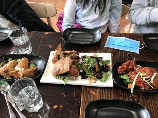 Bonchon and garlic wings, Korean chicken panini