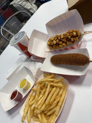 Fries, original, and potato corn dog.