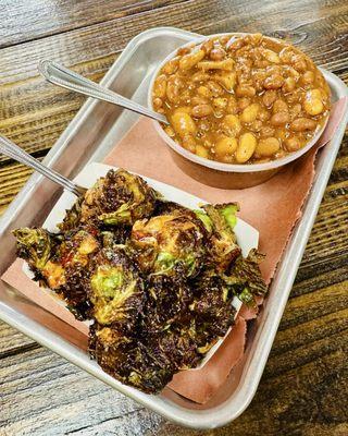 BBQ baked beans and crispy Brussels sprouts
