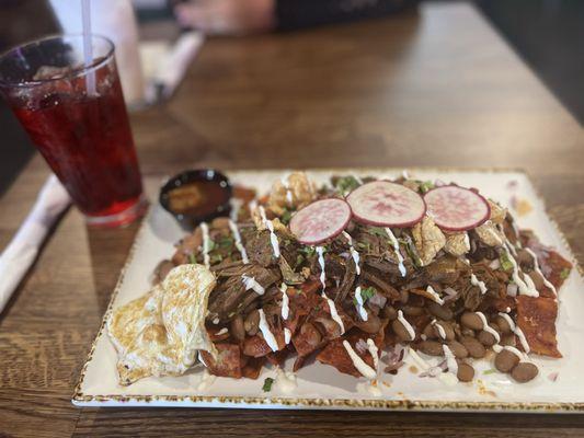 Madre Chilaquiles and an Iced Hibiscus tea