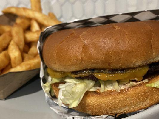 Cheeseburger & Fries!!! They threw in a free chocolate chip cookie too for the wait