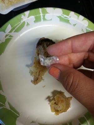 This large, hard, and SHARP piece of plastic was found in one of their self made egg rolls.