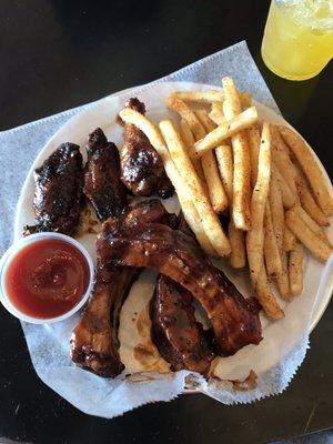 Overcooked wings and ribs, killer fries