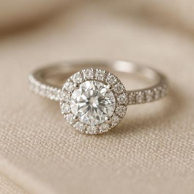 Halo setting with a Round Diamond center in 14K White Gold.