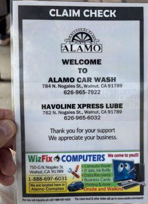 Claim check used to pick up your car when done.