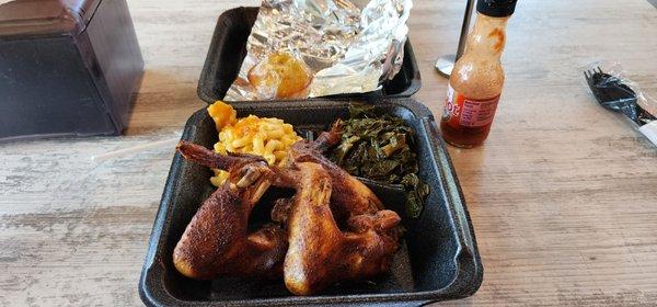 BBQ rubbed wings, collards and meh and cheese.