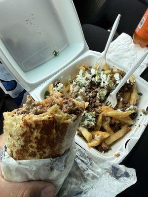 Asada burrito with rice and beans, asada loaded fries