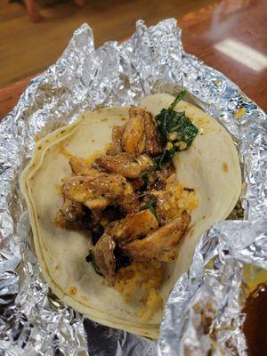 I added the rice and Pollo Azteca to the flour tortillas