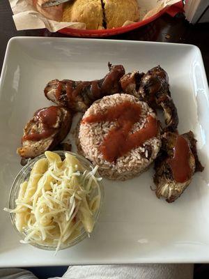 Jerk Chicken, Rice and Peas, Rasta Pasta