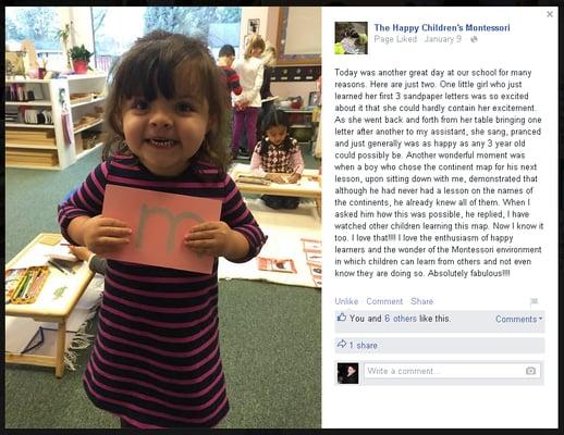 Example Facebook post of Happy Children Montessori... with work area in the background, kids working.