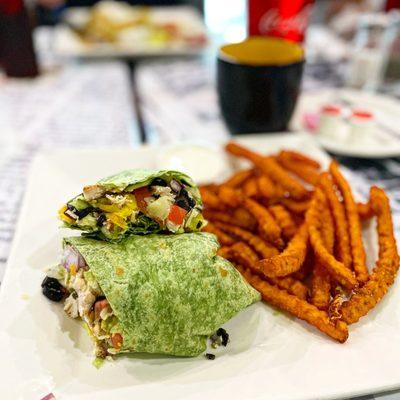Veggie Wrap with Chicken and Sweet Potato Fries