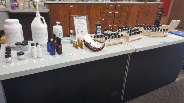 We have a great blending bar of essential oils. Can make lotions, roll on, inhalers, room sprays, bug sprays, etc