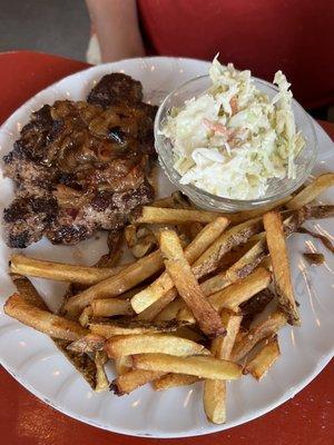 Hamburger steak fries dill slaw