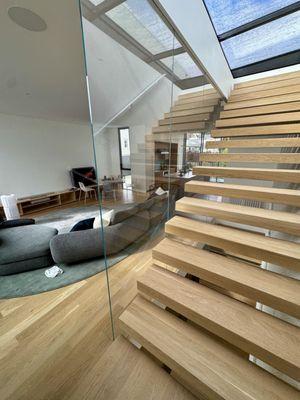 Custom floating staircase, white oak everything