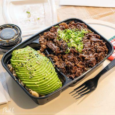 Wagyu Beef Bowl with mac salad and avocado $22.08 (with tax)