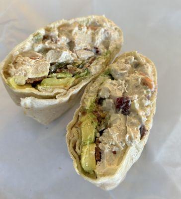 Chicken salad in grilled tortilla wrap (add avocado, bacon, and jalapeños)