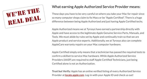 What earning Apple Authorized Service Provider means:
Apple Authorized means we at Tyrosys have earned a partnership directly with Apple.