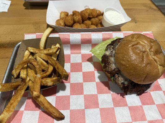 Burger and fries and hot pepper cheese bites