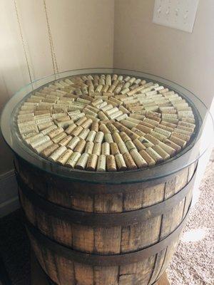 Glass topped barrel/wine cork table