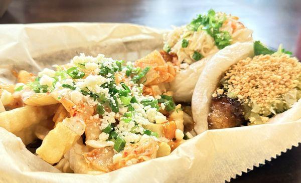 Pork belly and Korean fried chicken bao with kimchi fries