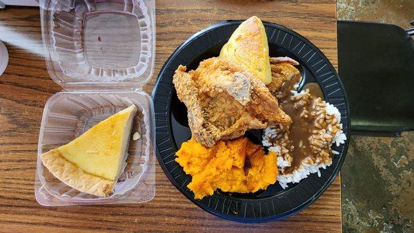 Egg Custard, Fried Chicken, Yams & Rice with Gravy