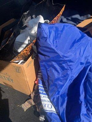 Clothes, food, paper goods, baby wipes, shoes/heels STOLEN