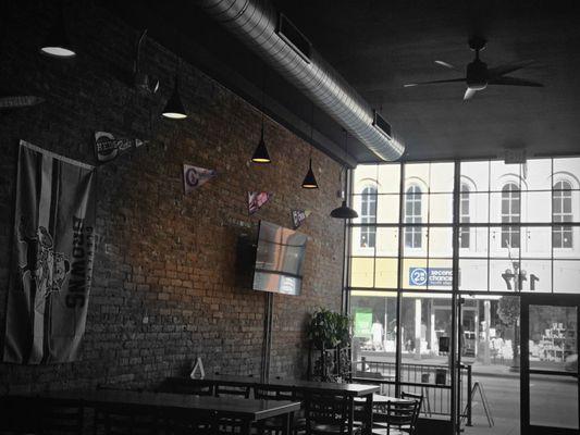 Look outward from bar