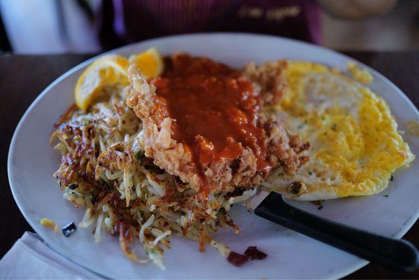 Buffalo-Style Crispy Chicken Breast & Eggs