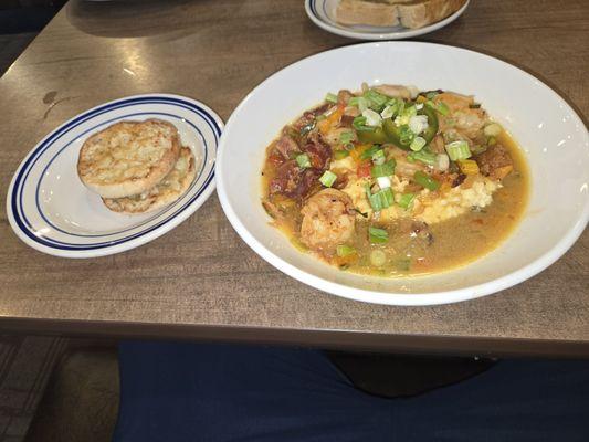 Shrimp and grits with toasted English muffin