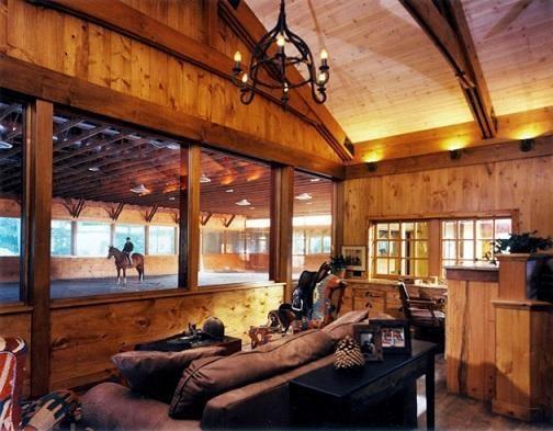 the kitchen opens up to a multipurpose room (office meets living room) with front row seats to the riding arena