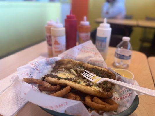 Poblano cheesesteak, regular size and onion rings