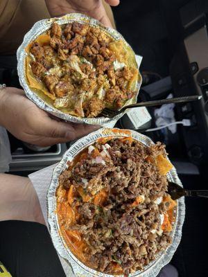 Chilaquiles verdes with chicken and chilaquiles rojo with carne asada.