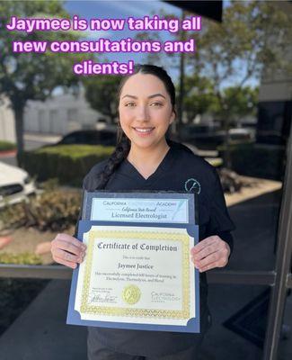 Our new certified Electrologist Jaymee, who went to the elite California Electrology Academy! Jaymee is taking all new clients & consults.