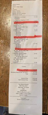 Our receipt for the crappy food, drinks and service. Along with all the over charged items!! Theresa is a thief!
