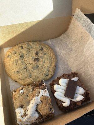 Chocolate chip cookie, mint brownie, peanut butter fluff bar