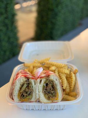 Pepper Cheesesteak (~$14) with Caramelized Onions (~$1.25) and Small Fries (~$5)