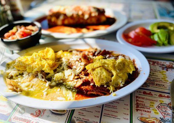 Chilaquiles with red and green salsa, wet burrito Tojo & avocado & tomatoes