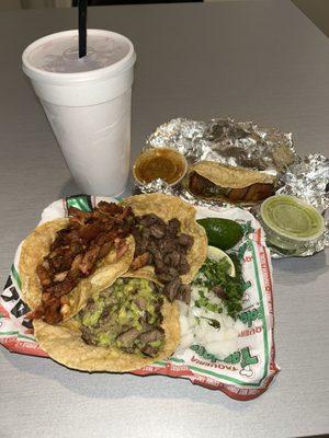 Agua de Jamaica, al pastor taco, beef fajita taco, bistekate taco, jalapeño relleno taco