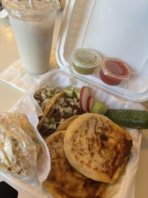 Combo #2 - 2 pork papusas, one barbacoa taco, one taco al pastor (pork and pineapple), and horchata