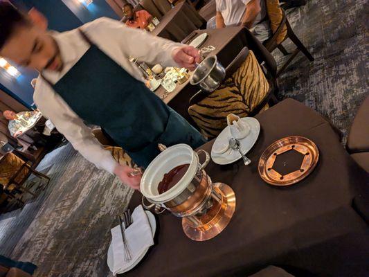 @endoedibles on Instagram 07/11/25   BOURBON FLAMBÉED CHOCOLATE FONDUE