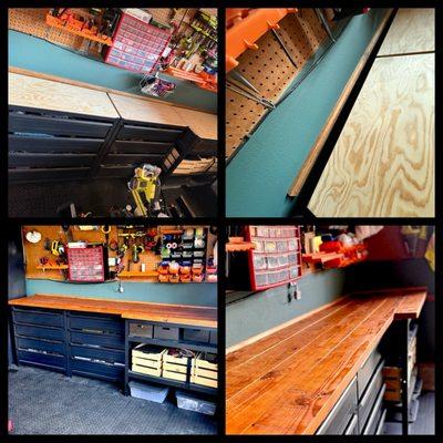 Built a wood tabletop on our preexisting workbench set. Added trim, sanded it, rounded off the corners and edges and stained it.